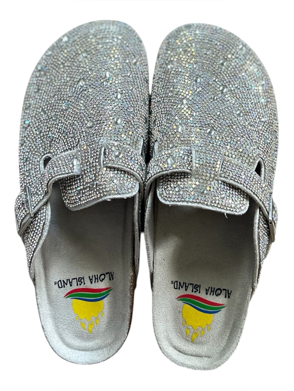 🆕Aloha Island Silver Rhinestone Slip-On Sandals with Buckle